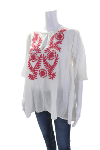 Roberta Roller Rabbit Womens Cotton White Embroidered V-neck Blouse Top Size S