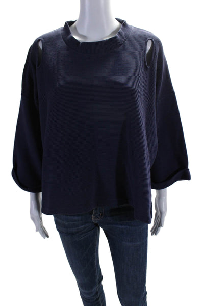 Varley Womens Cotton Long Sleeve Ribbed Knit Cutout Top Blue Size L