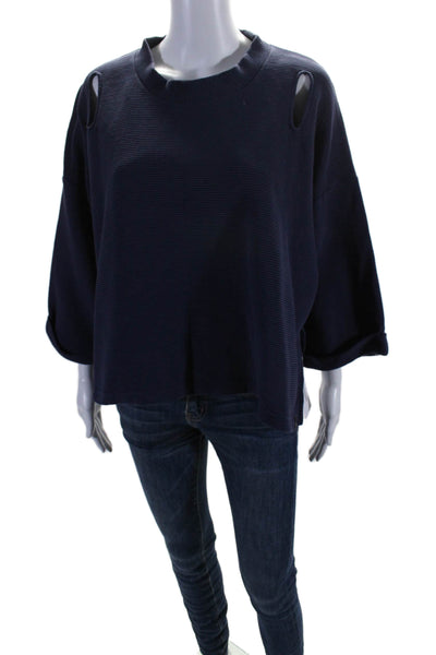 Varley Womens Cotton Long Sleeve Ribbed Knit Cutout Top Blue Size L