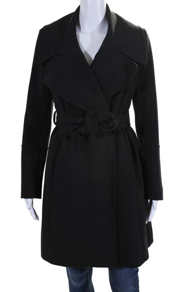 T Tahari Womens Collared Belted Button Clasp Long Peacoat Black Size 8