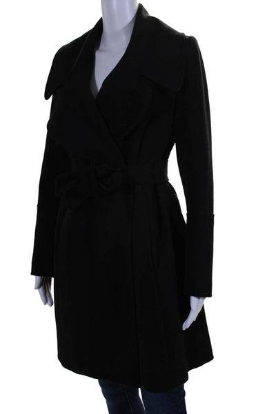 T Tahari Womens Collared Belted Button Clasp Long Peacoat Black Size 8