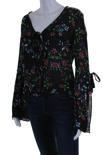 Milly Silk Floral Buttoned Wrap Around Bell Sleeved Blouse Top Black Size M