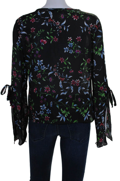 Milly Silk Floral Buttoned Wrap Around Bell Sleeved Blouse Top Black Size M