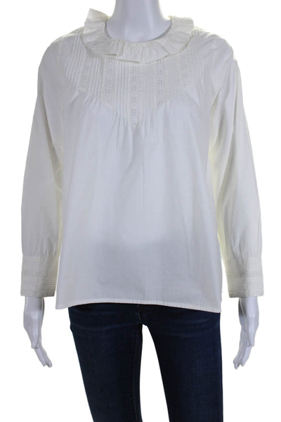 Doen Womens Long Sleeves Ruffled Collar Blouse White Cotton Size Extra Small