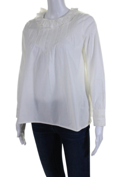 Doen Womens Long Sleeves Ruffled Collar Blouse White Cotton Size Extra Small