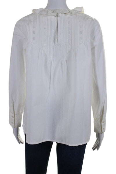 Doen Womens Long Sleeves Ruffled Collar Blouse White Cotton Size Extra Small