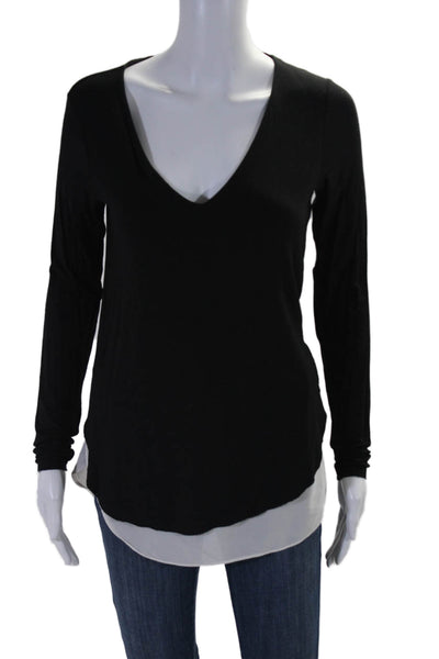 Bailey 44 Womens Long Sleeve V Neck Silk Trim Blouse Black White Size M