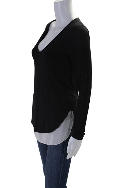 Bailey 44 Womens Long Sleeve V Neck Silk Trim Blouse Black White Size M