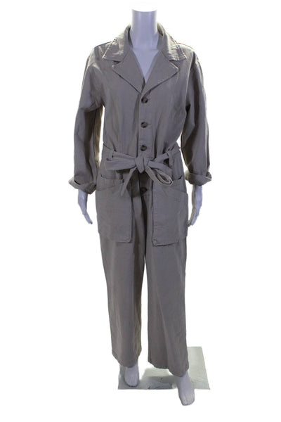 Current Air Women's Long Sleeves Belted Straight Leg Jumpsuit Beige Size M