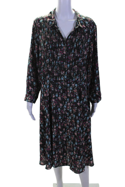 Nanette Lepore Womens Floral Print Long Sleeve Midi Shirt Dress Black Size 16W