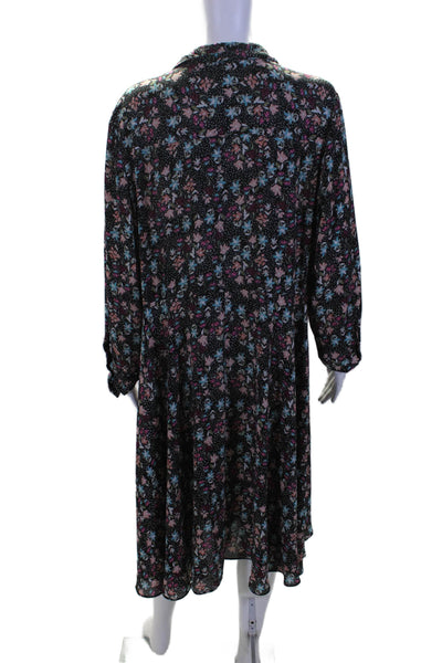 Nanette Lepore Womens Floral Print Long Sleeve Midi Shirt Dress Black Size 16W