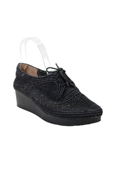 Robert Clergerie Womens Raffia Woven Low Wedge Platform Lisa Derbys Black Size 9