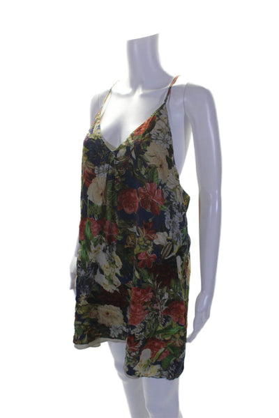 Alice + Olivia Womens Silk Blue Floral V-neck Sleeveless Lined Mini Dress Size L