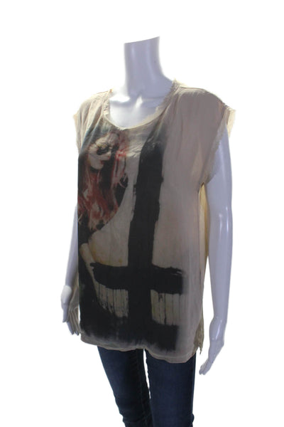 Class Womens Beige Graphic Print Crew Neck Fringe Sleeveless Blouse Top Size 1