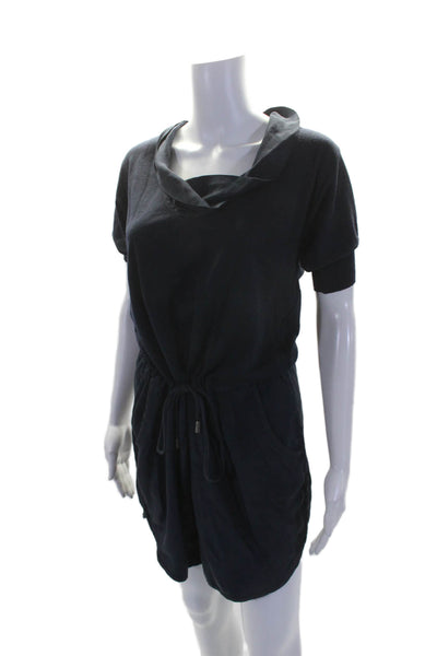 Rivamonti Womens Short Sleeve Satin Trim Scoop Neck Shift Dress Navy Blue Size 6