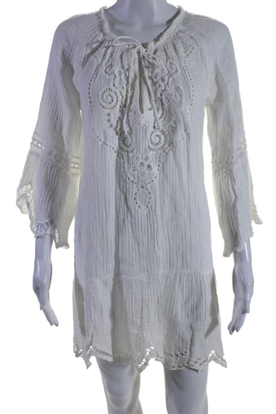 Anjuna Womens Long Sleeve Flare V Neck Dress Linen White Size Medium