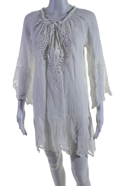 Anjuna Womens Long Sleeve Flare V Neck Dress Linen White Size Medium