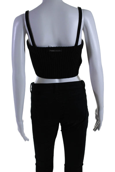 Prada Womens Black Wool Ribbed Knit Square Neck Sleeveless Crop Top Size 38