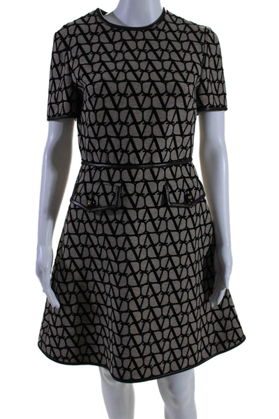 Valentino Womens Brown Printed Leather Trim Crew Neck Shift Dress Size 40