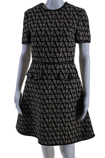 Valentino Womens Brown Printed Leather Trim Crew Neck Shift Dress Size 40