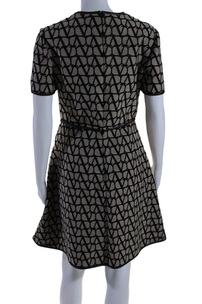 Valentino Womens Brown Printed Leather Trim Crew Neck Shift Dress Size 40