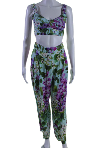 Dolce & Gabbana Womens Cotton Blue Floral V-neck Crop Top Pants Set Size 40