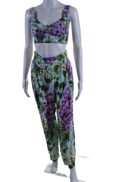 Dolce & Gabbana Womens Cotton Blue Floral V-neck Crop Top Pants Set Size 40