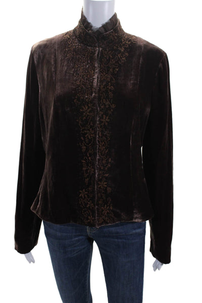 Elie Tahari Womens Velour Embroidered Beaded Hook & Loop Blouse Brown Size L