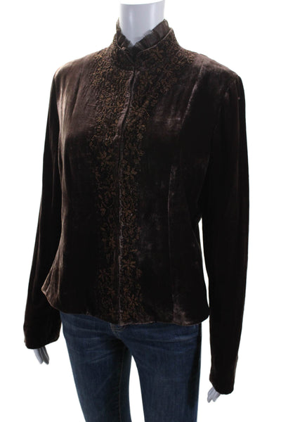 Elie Tahari Womens Velour Embroidered Beaded Hook & Loop Blouse Brown Size L