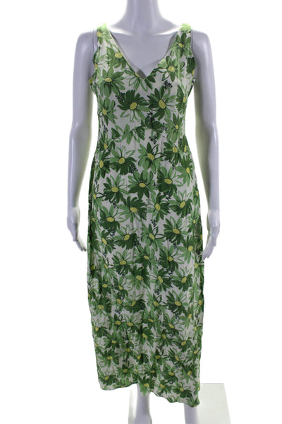 HVN Womens Side Zip Sleeveless V Neck Silk Floral Maxi Dress Green White Size 4