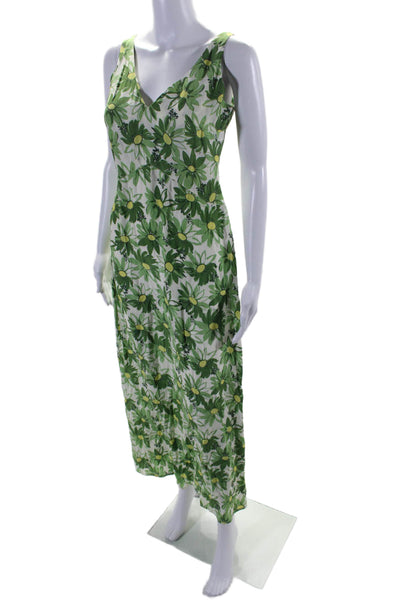 HVN Womens Side Zip Sleeveless V Neck Silk Floral Maxi Dress Green White Size 4