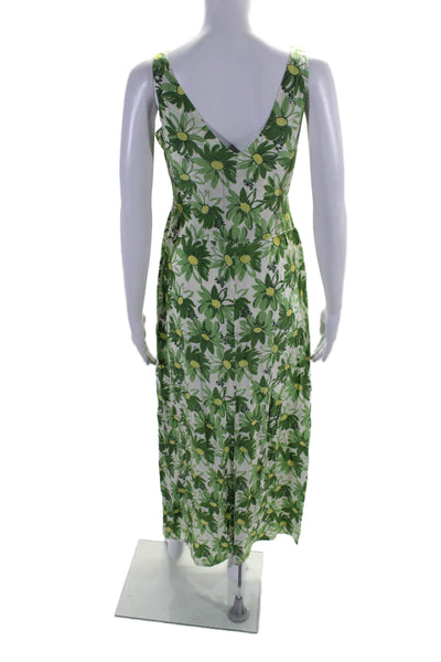 HVN Womens Side Zip Sleeveless V Neck Silk Floral Maxi Dress Green White Size 4