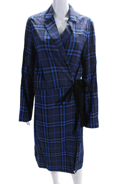 Elizabeth and James Womens Long Sleeve Collared Plaid Wrap Dress Blue Size Small