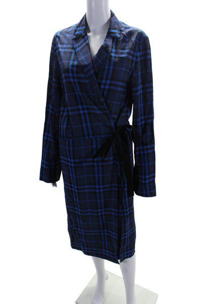 Elizabeth and James Womens Long Sleeve Collared Plaid Wrap Dress Blue Size Small