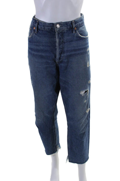 Agolde Womens Button Fly High Rise Distressed Cropped Jeans Blue Denim Size 31