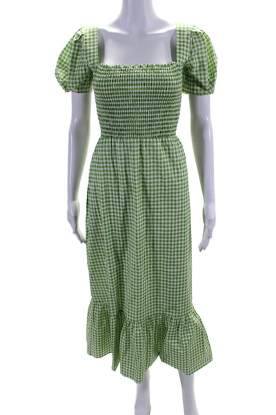 HVN Womens Short Sleeve Smocked Square Neck Gingham Dress Green White Size 4