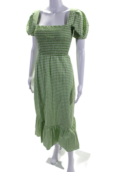 HVN Womens Short Sleeve Smocked Square Neck Gingham Dress Green White Size 4