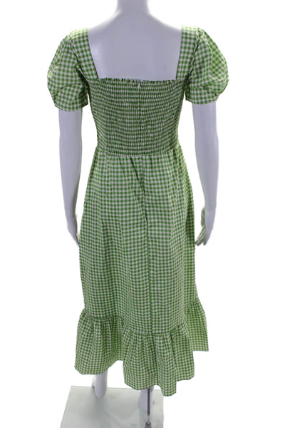 HVN Womens Short Sleeve Smocked Square Neck Gingham Dress Green White Size 4