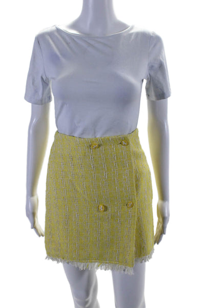 Staud Womens Double Breasted Fringe Tweed Mini Skirt Yellow White Size 4