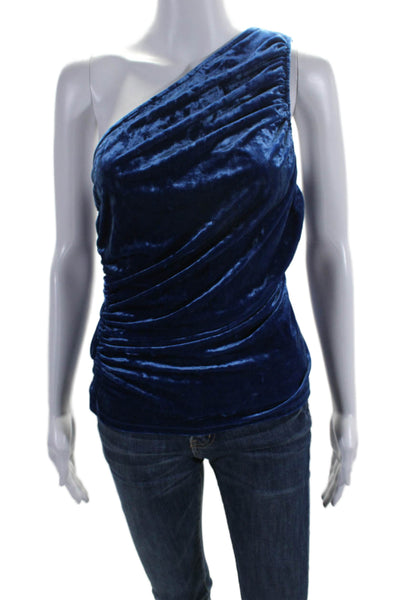 Staud Womens One Shoulder Ruched Velvet Top Blouse Blue Size Medium