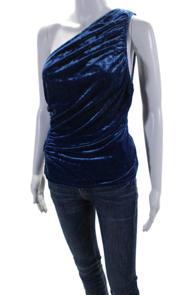 Staud Womens One Shoulder Ruched Velvet Top Blouse Blue Size Medium