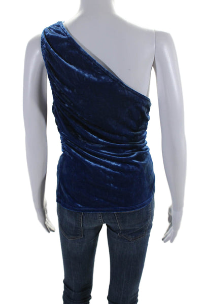 Staud Womens One Shoulder Ruched Velvet Top Blouse Blue Size Medium