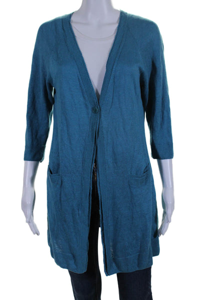 Lafayette 148 New York Womens Button Up Half Sleeve Cardigan Sweater Blue Medium