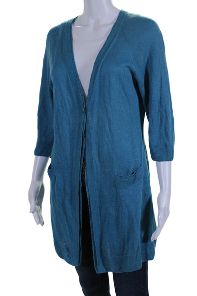 Lafayette 148 New York Womens Button Up Half Sleeve Cardigan Sweater Blue Medium