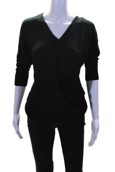 Michael Michael Kors Womens Glittery Black V-neck 3/4 Sleeve Sweater Top Size XS