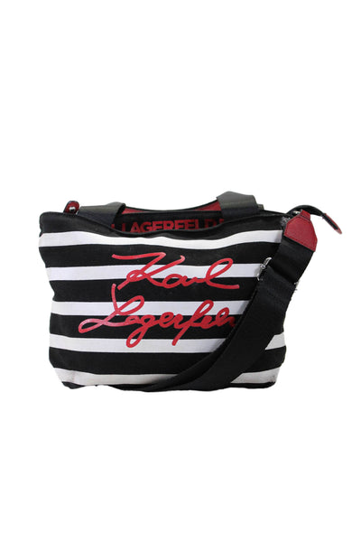 Karl Lagerfeld Womens Black Striped Zip Small Top Handle Shoulder Bag Handbag