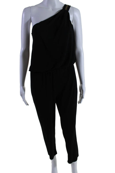 Rachel Zoe Womens Zipped Textured Ruched One Shoulder Jumpsuit Black Size 2