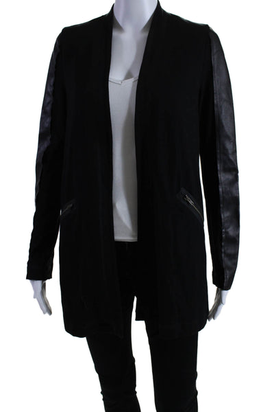 Michael Stars Womens Faux Leather Patchwork Open Front Jacket Black Size XS