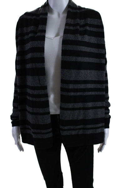 Theory Womens Cashmere Stripe Print Open Front Long Sleeve Cardigan Black Size S