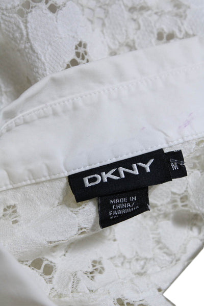 DKNY Womens Cotton Back Battenberg Floral Lace Patchwork Button-Up White Size M